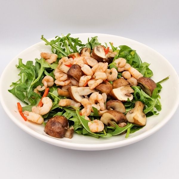 Rucola Salat mit Pilzen, Garnelen und Knoblauch KOCH DICH GESUND